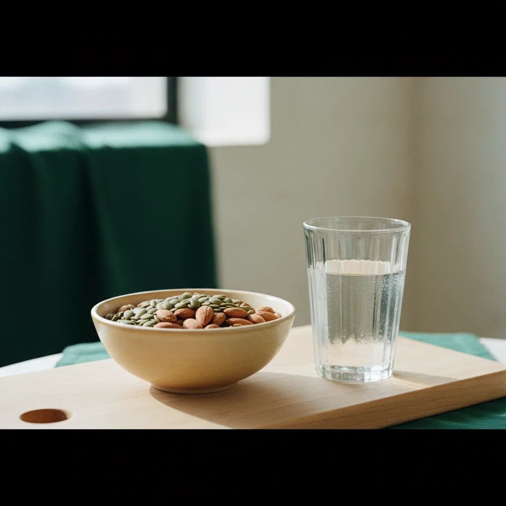 Mixed nuts, pumpkin seeds and almonds in ceramic bowls beside a glass of mineral water on a wooden board